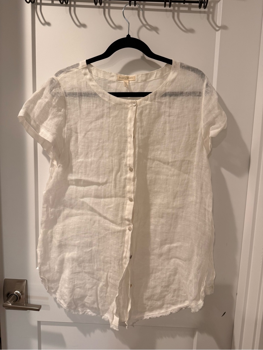 Eileen Fisher Cream Button-Front Linen Short-Sleeve Top